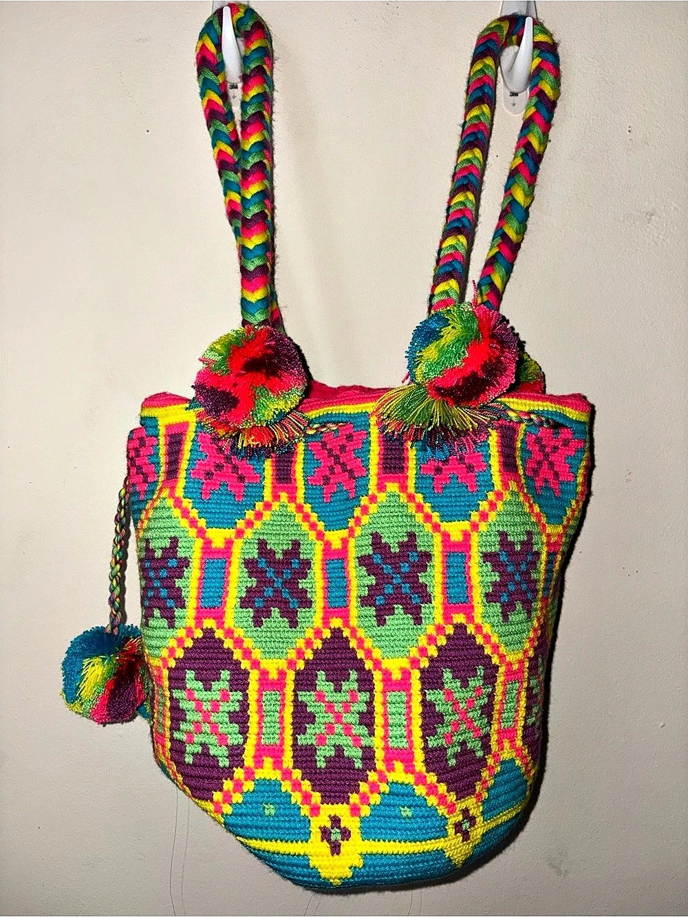 Authentic Handwoven Neon Geometric Wayuu Mochila Bucket Bag with Pom Poms